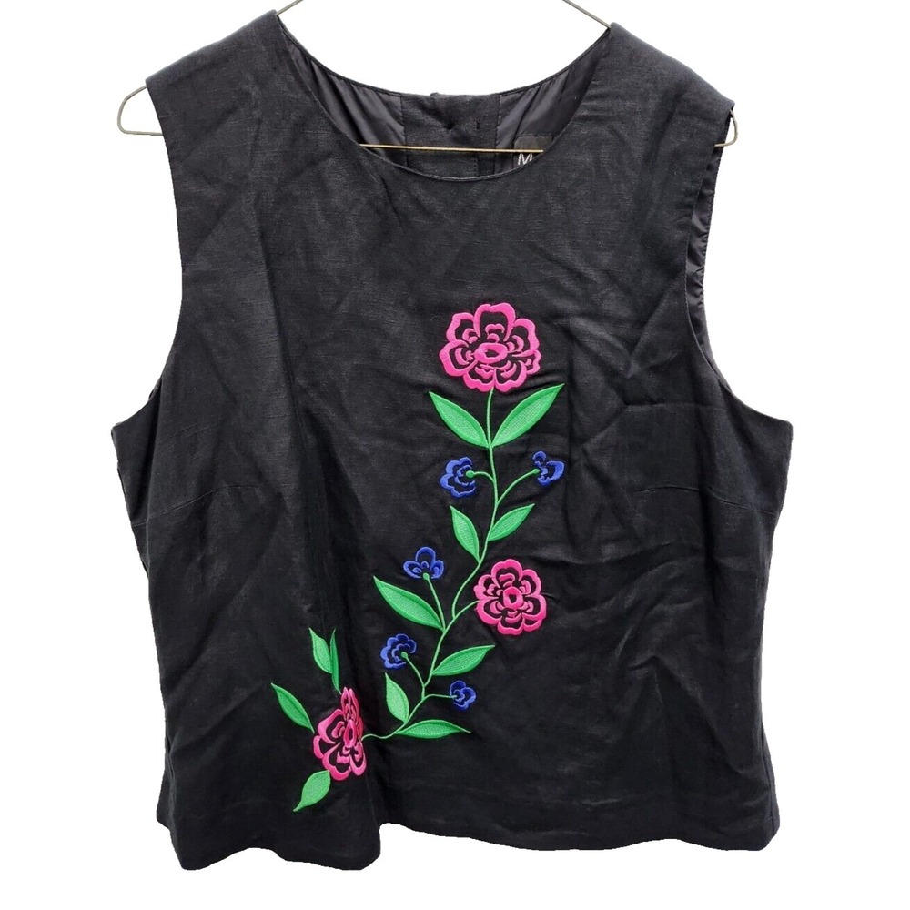 VTG M H M Melissa Harper Linen Sleeveless Top Womens 14 Black Embroidered BOHO